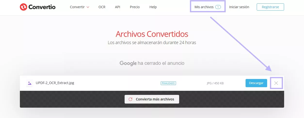 Eliminar archivos en Convertio