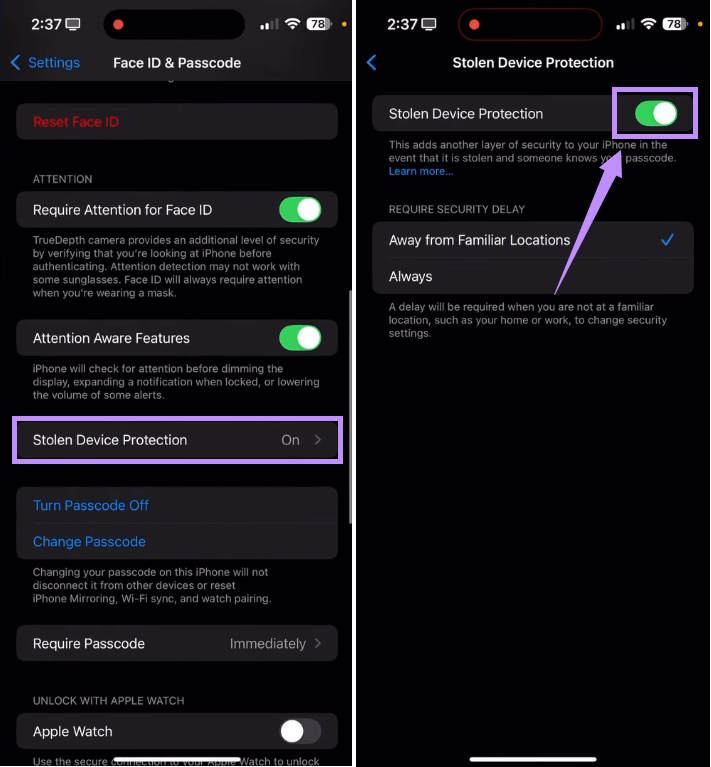 disable stolen device protection iphone