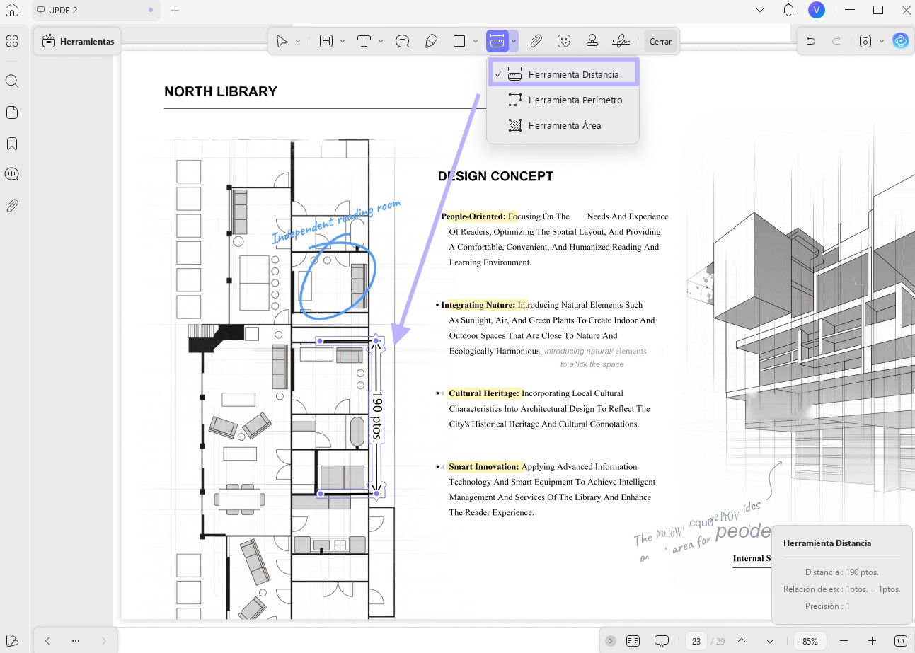 Herramienta de medición de Adobe Acrobat para medir distancias en archivos PDF.