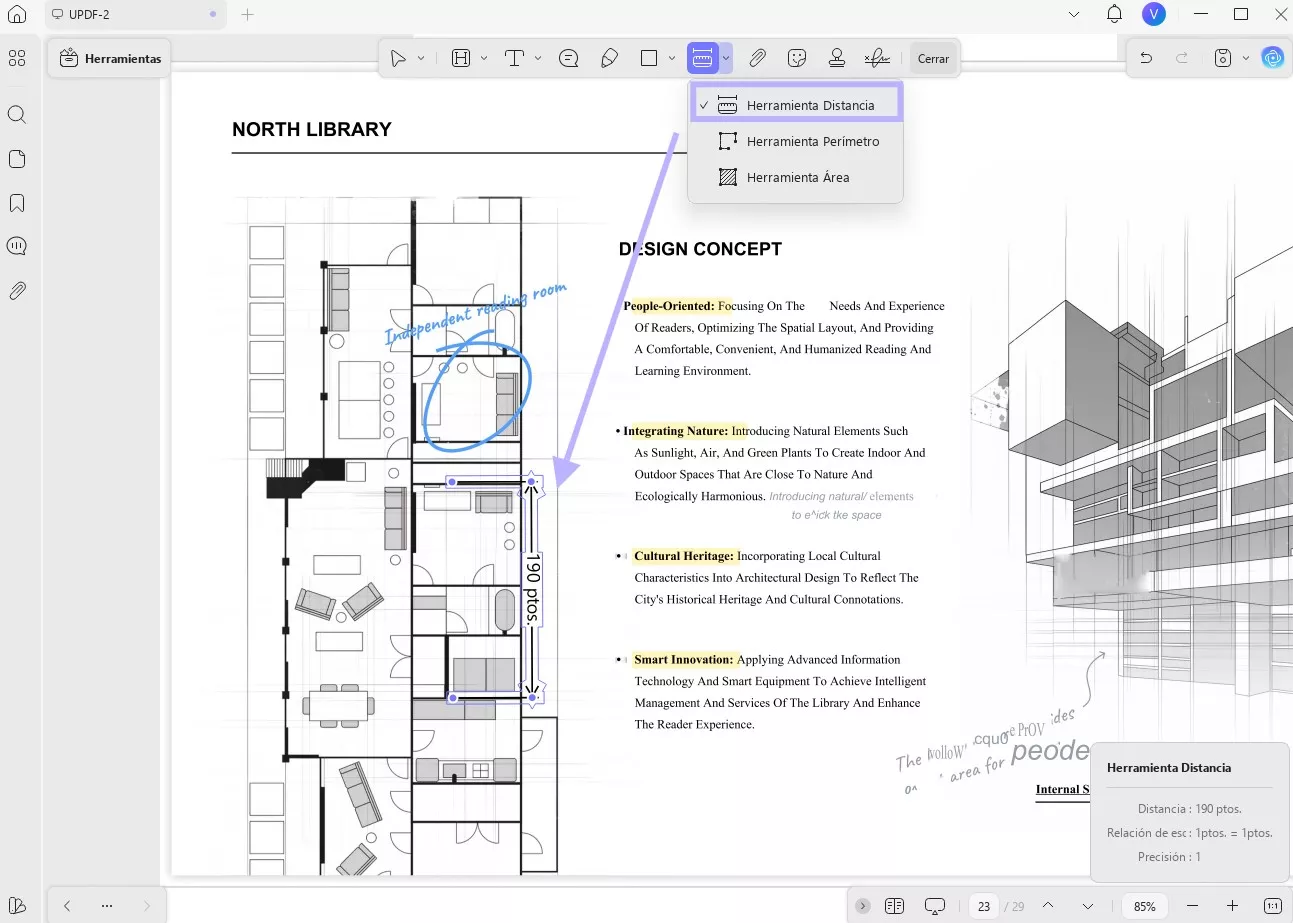 Herramienta de medición de Adobe Acrobat para medir distancias en archivos PDF.
