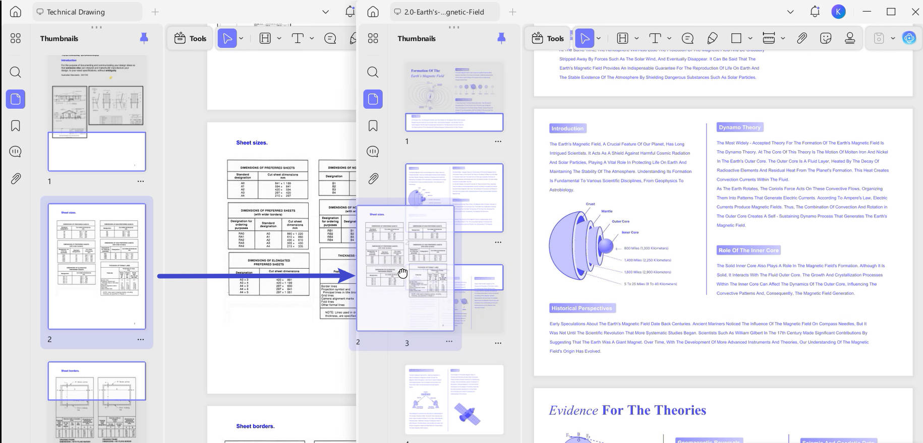drag pages across documents