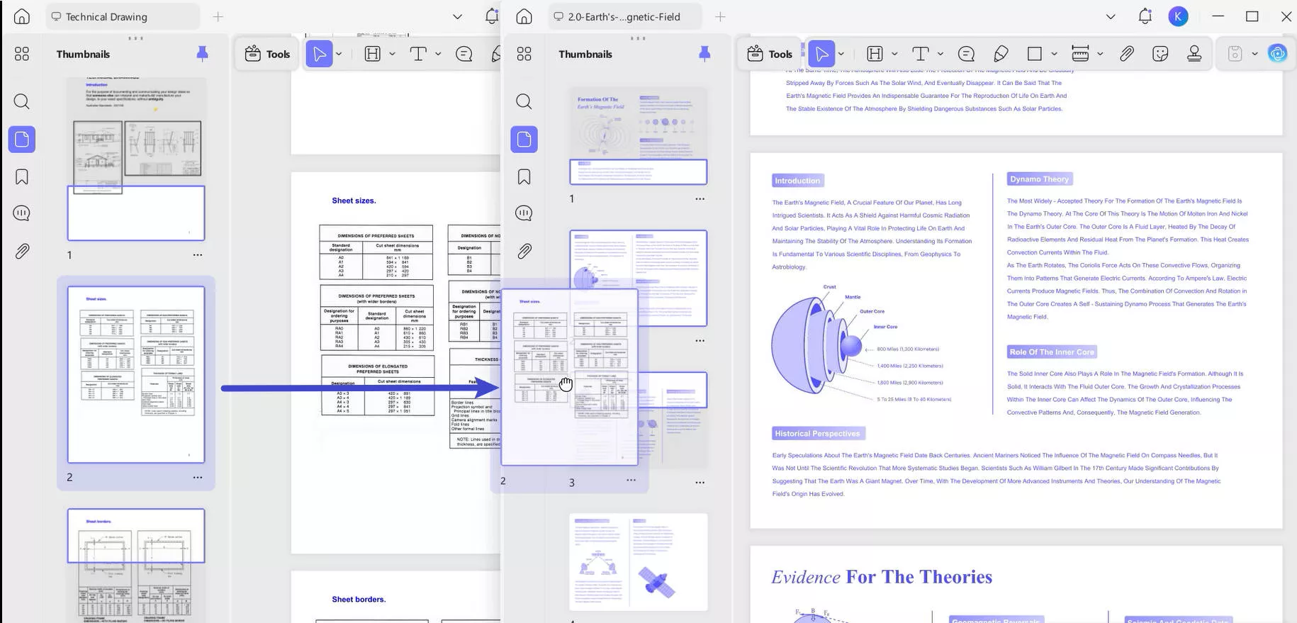 drag pages across documents