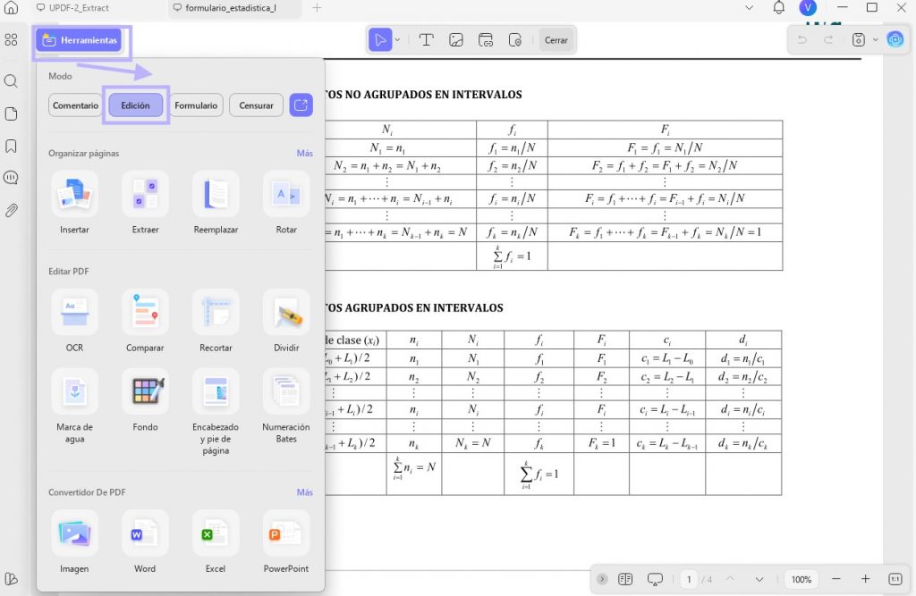 editar excel en UPDF