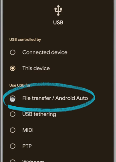 File transfer mode activate on Android device