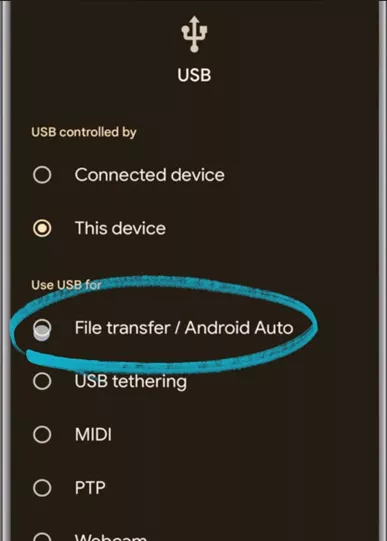 File transfer mode activate on Android device