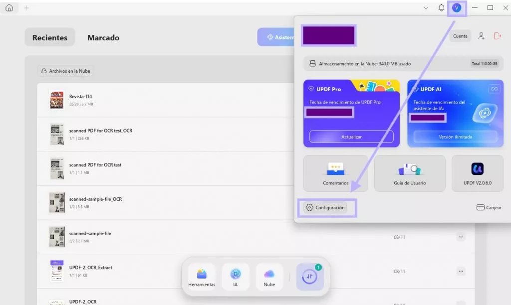 buscar configuración en UPDF