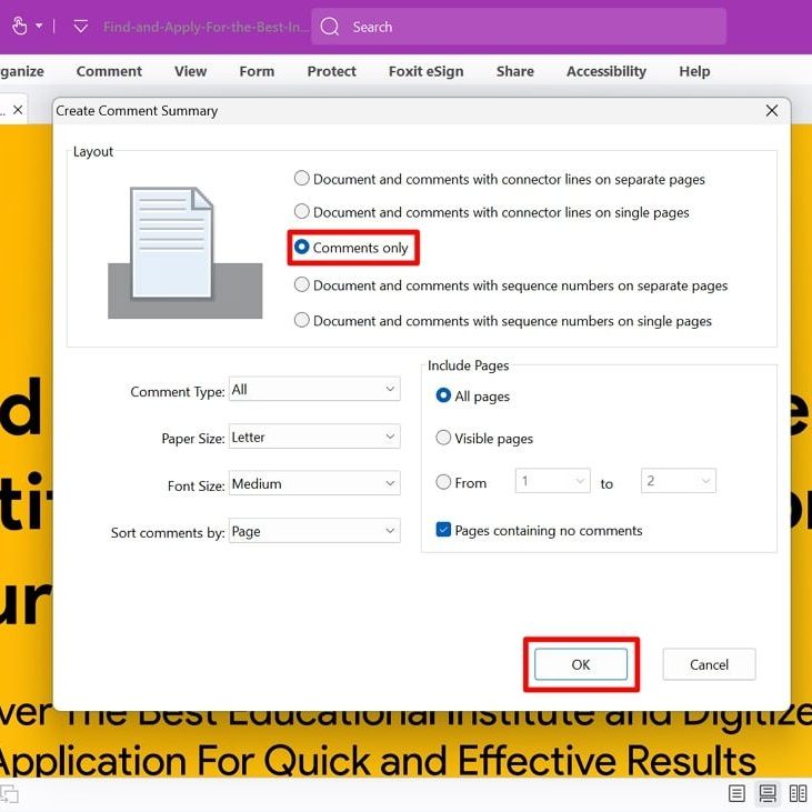 export comments from pdf to excel confirm export