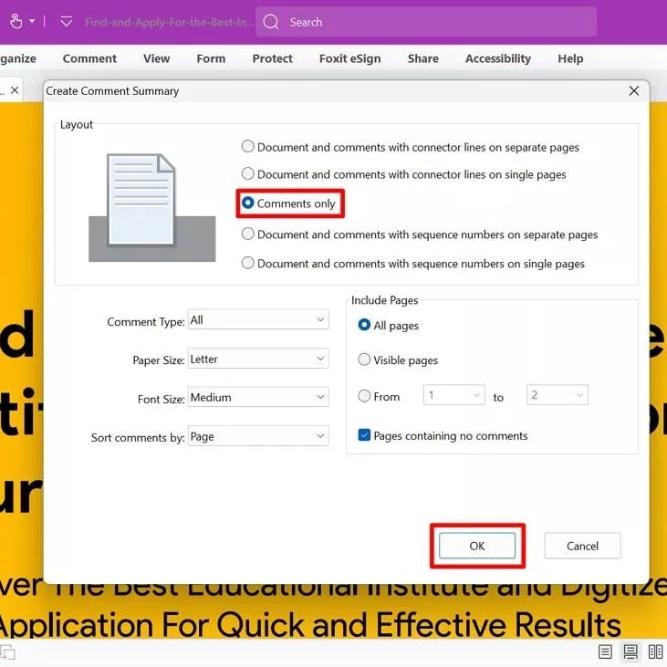 export comments from pdf to excel confirm export