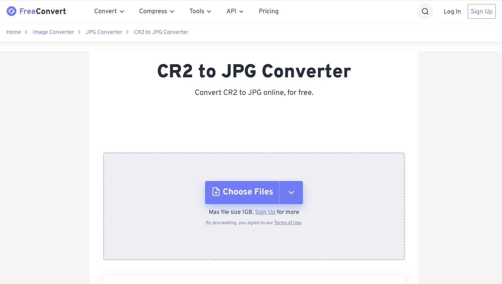 freeconvert cr2 to jpg online converter page