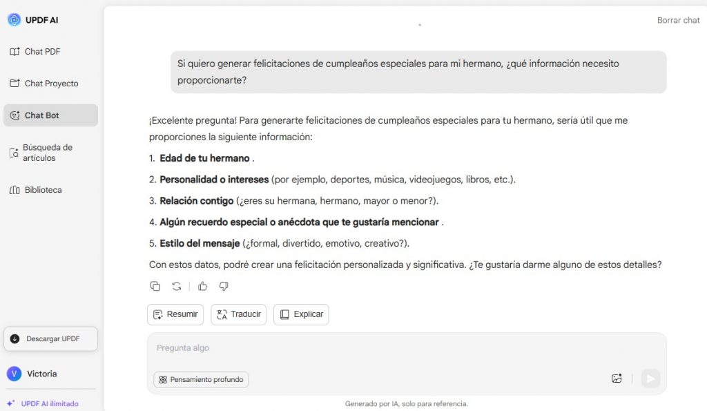 Información que se debe proporcionar para generar deseos de cumpleaños para el hermano.