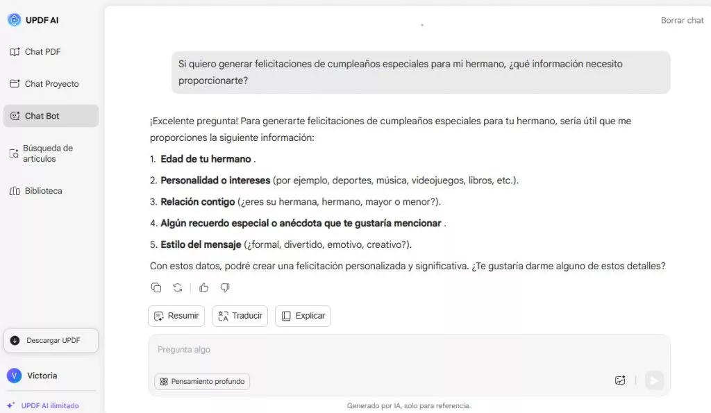 Información que se debe proporcionar para generar deseos de cumpleaños para el hermano.