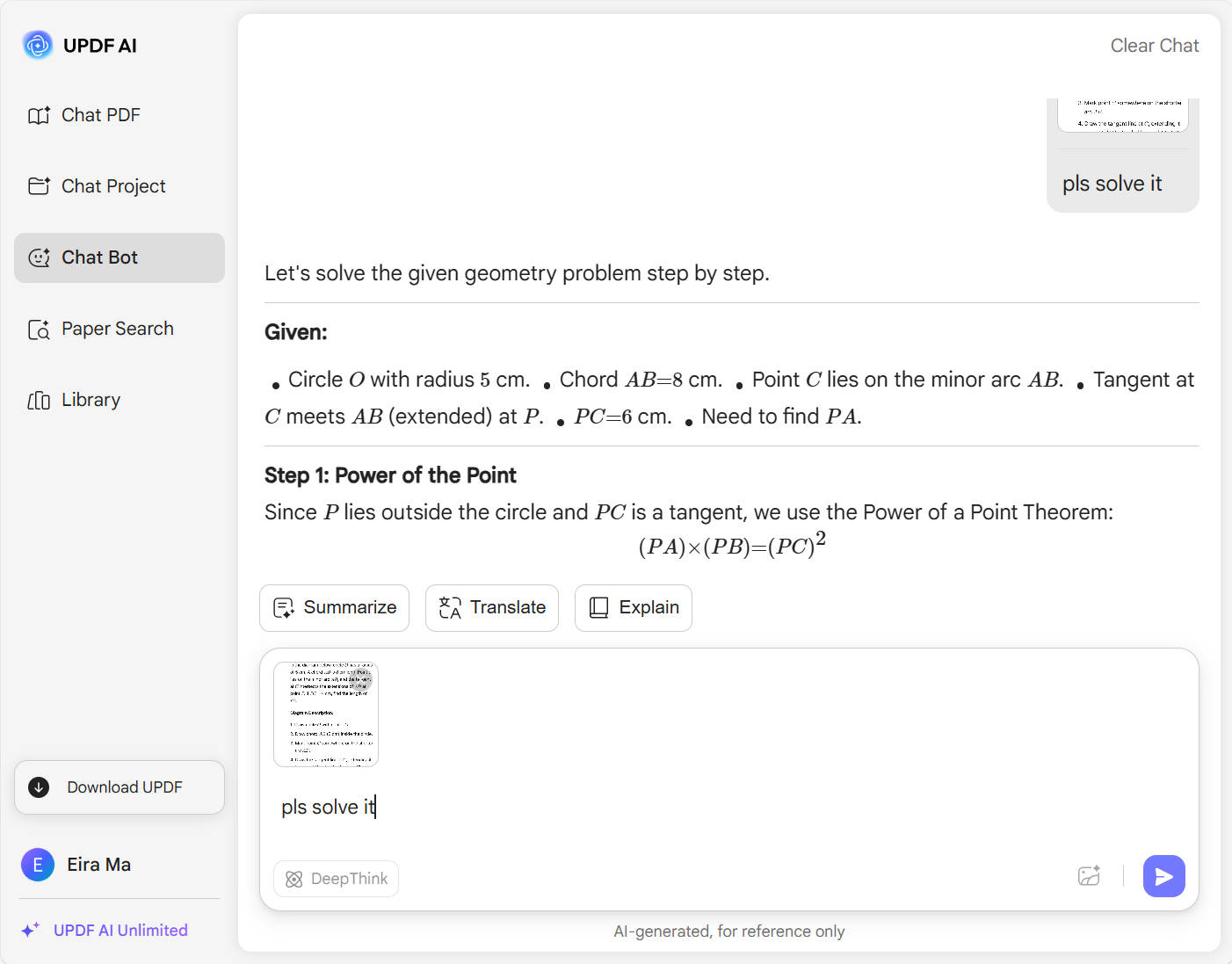 řešitel geometrie UPDF AI online