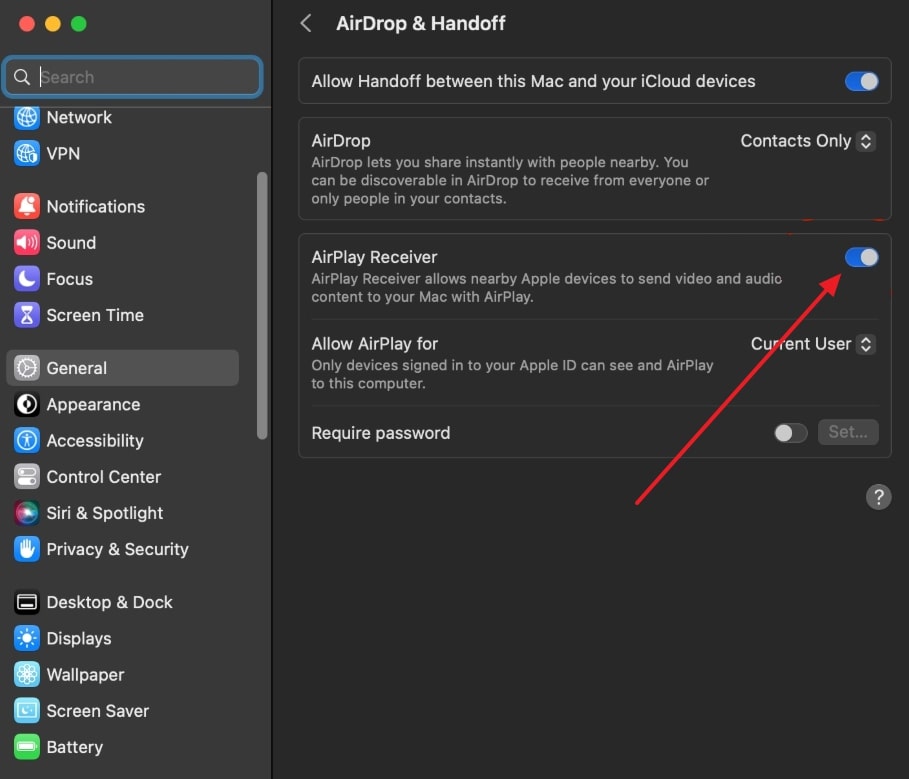 enable the airplay receiver