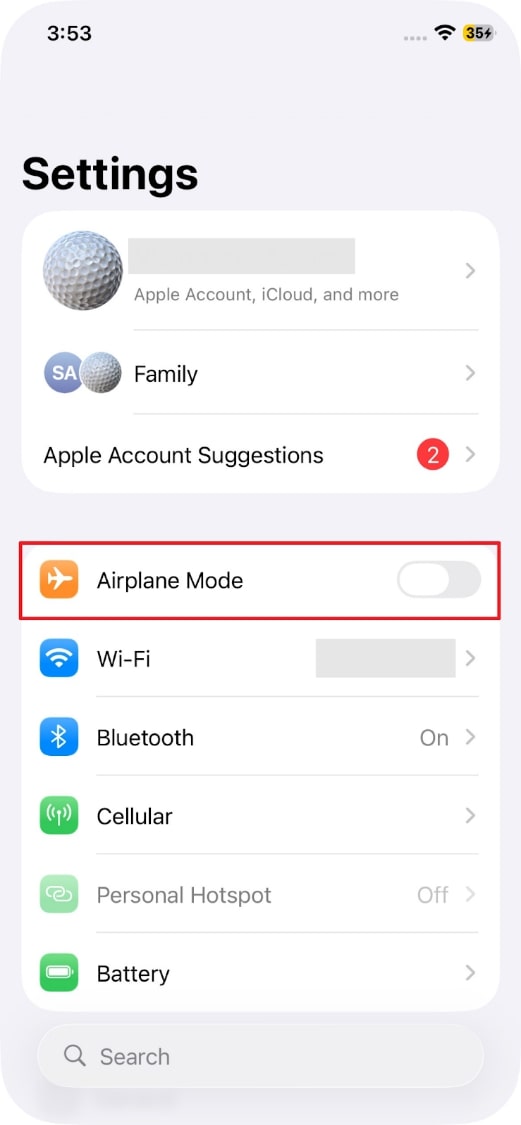 switch on and off airplane mode