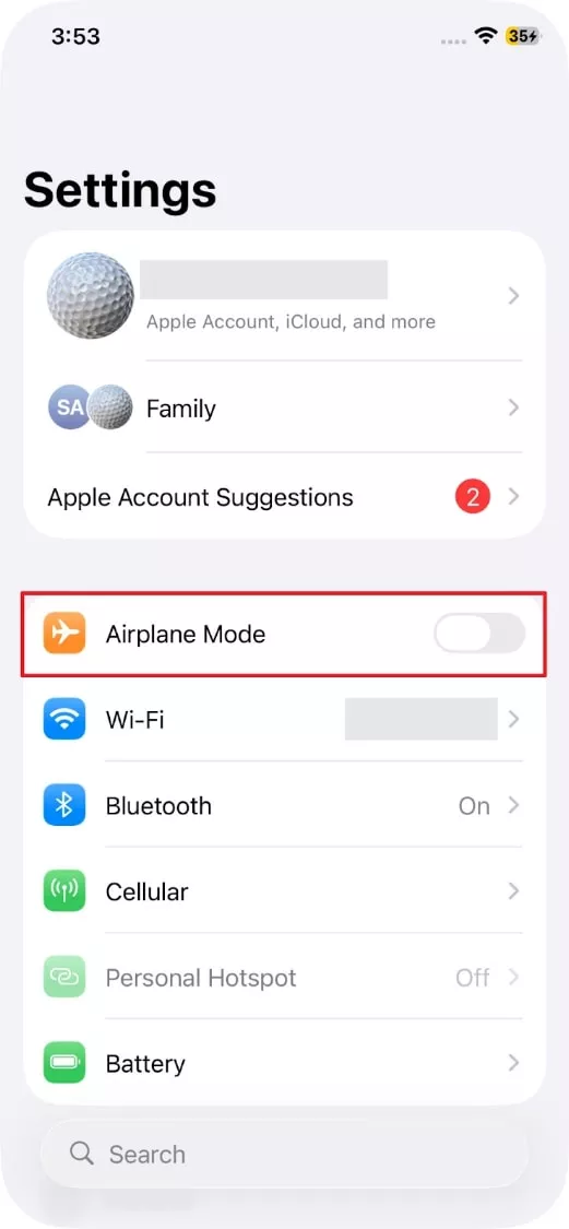 switch on and off airplane mode