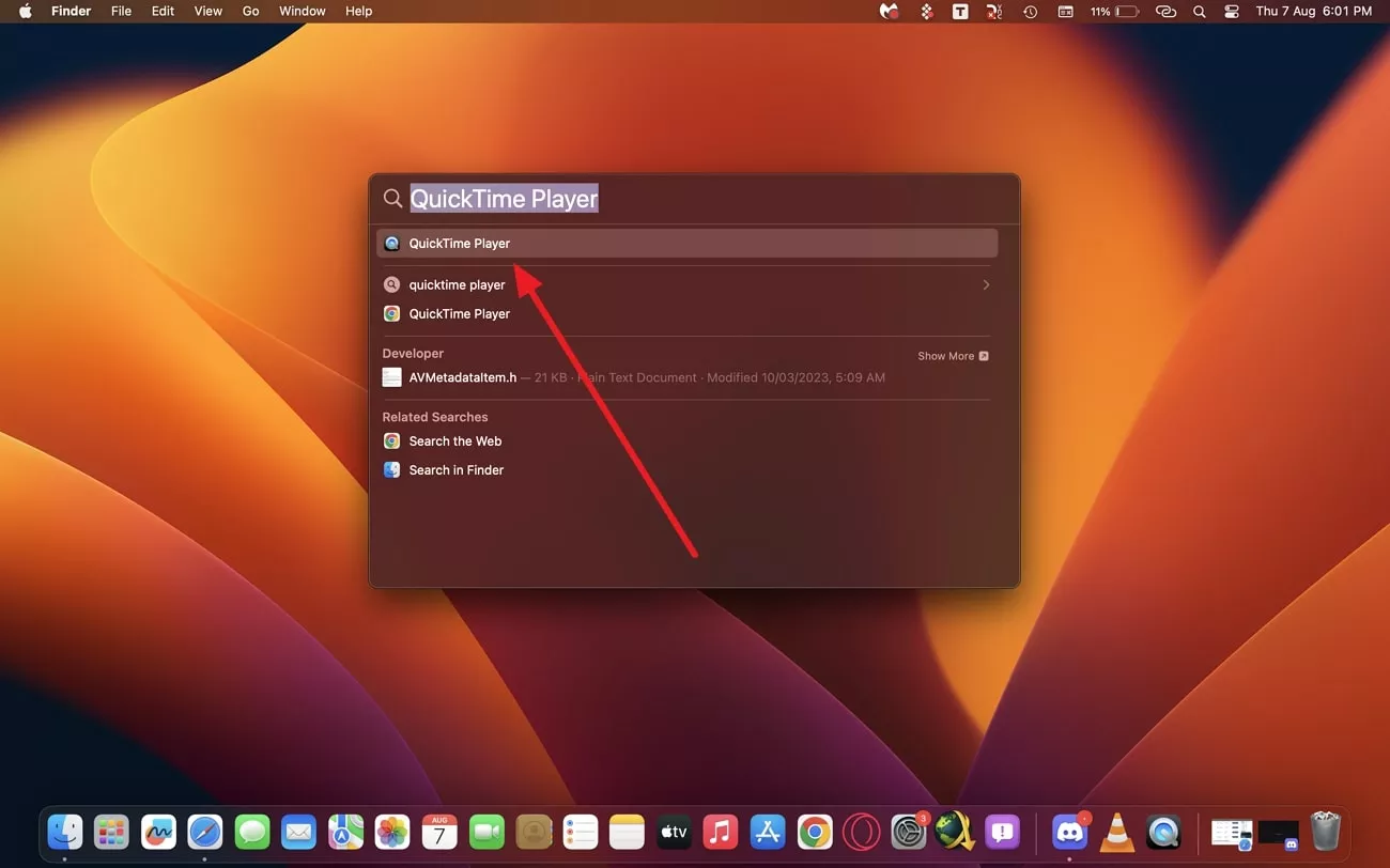 search for quicktime player spotlight