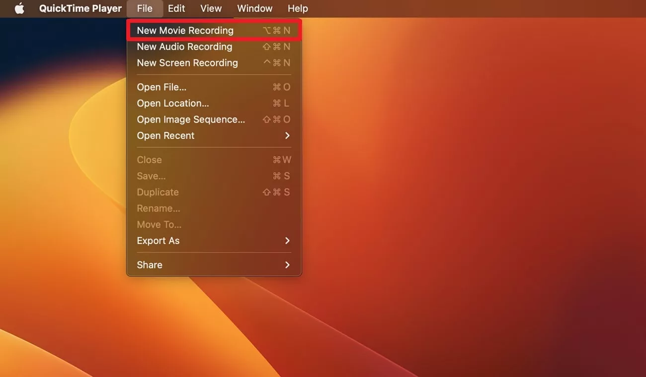 start new recording quicktime player