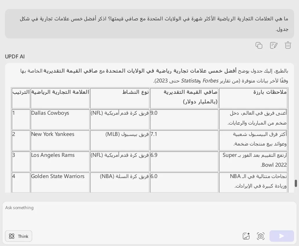 عند إدخال النص في مربع دردشة UPDF AI