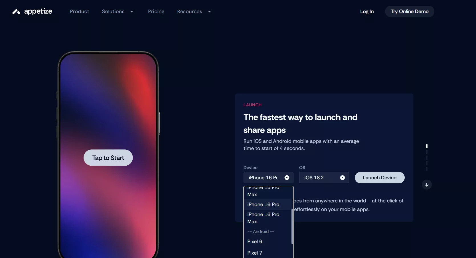 Appetize über einen Webbrowser aufrufen