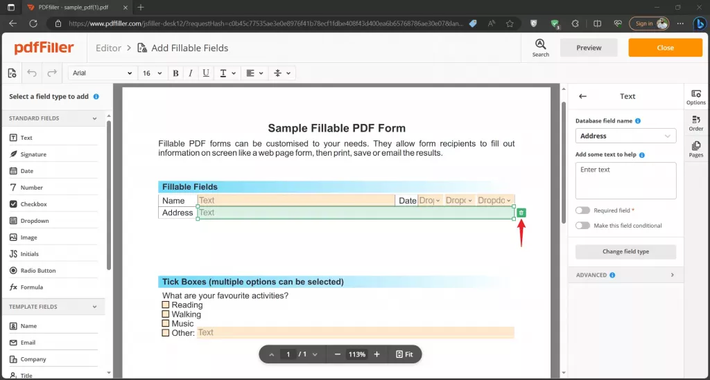 用 PDFfiller 線上移除可填寫欄位
