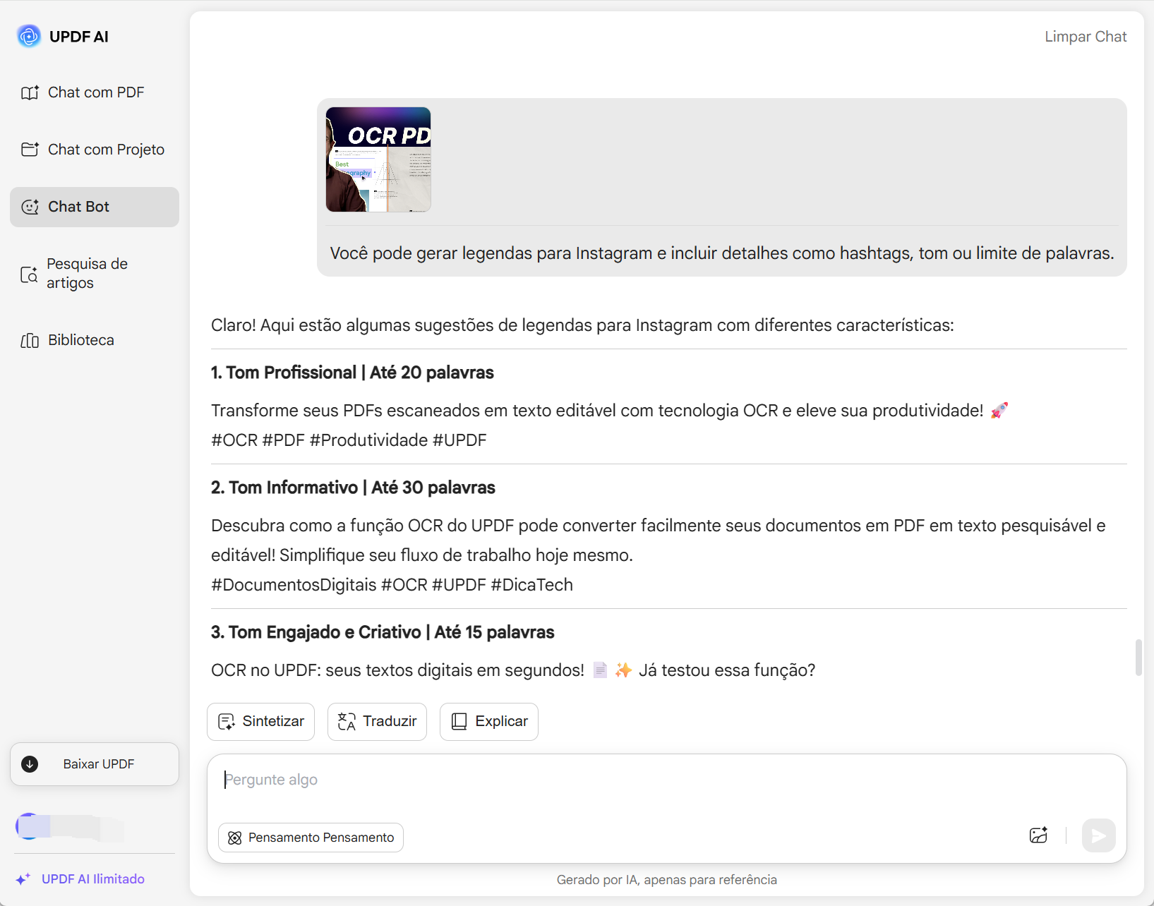 Gerador de Legendas para Instagram UPDF AI