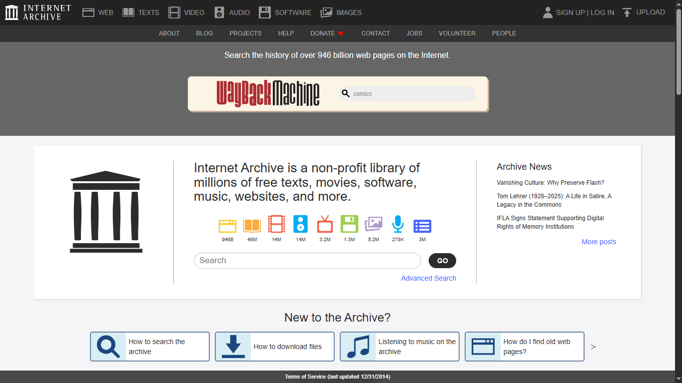 Homepage des Internetarchivs
