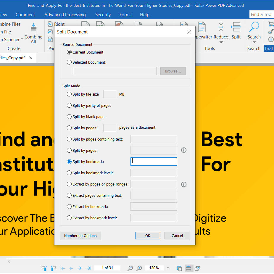 split pdf by bookmark settings