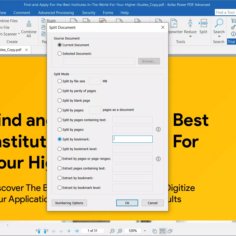 split pdf by bookmark settings