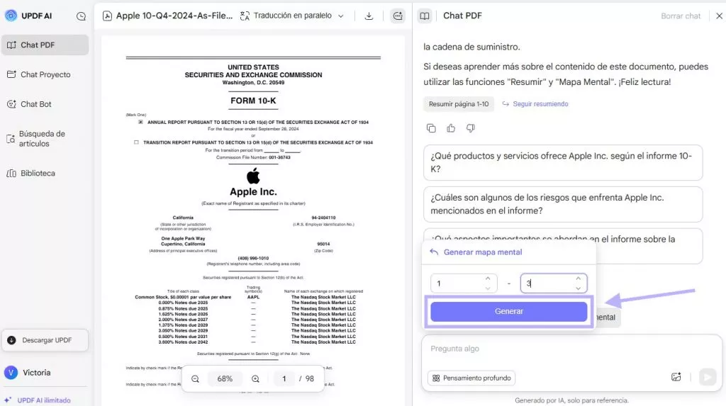seleccionar el rango de páginas y hacer clic en generar