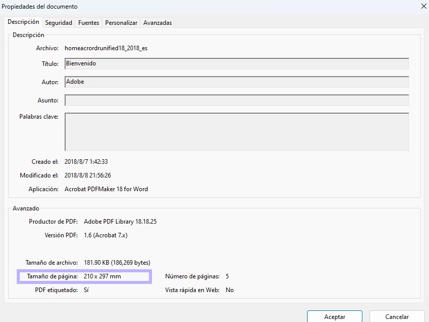 Comprobar las dimensiones del PDF en Adobe.