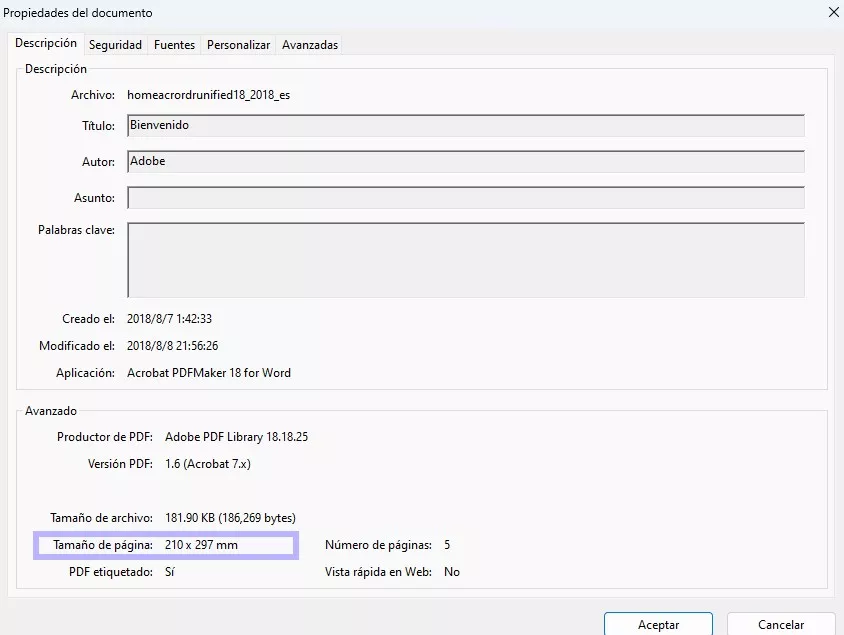 Comprobar las dimensiones del PDF en Adobe Pro.