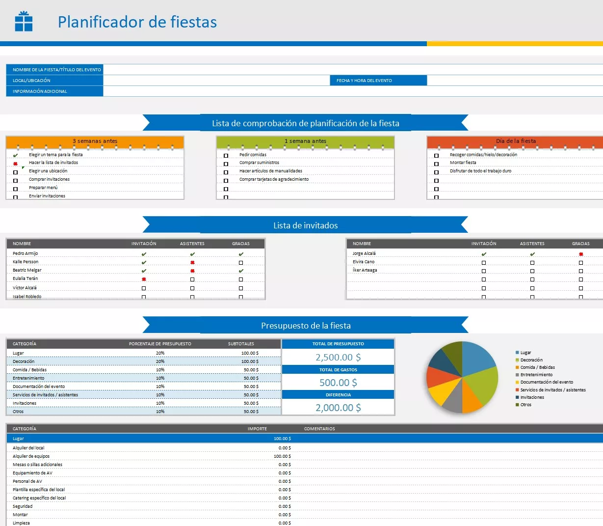 Plantilla de seguimiento de lista de tareas para fiesta en Excel