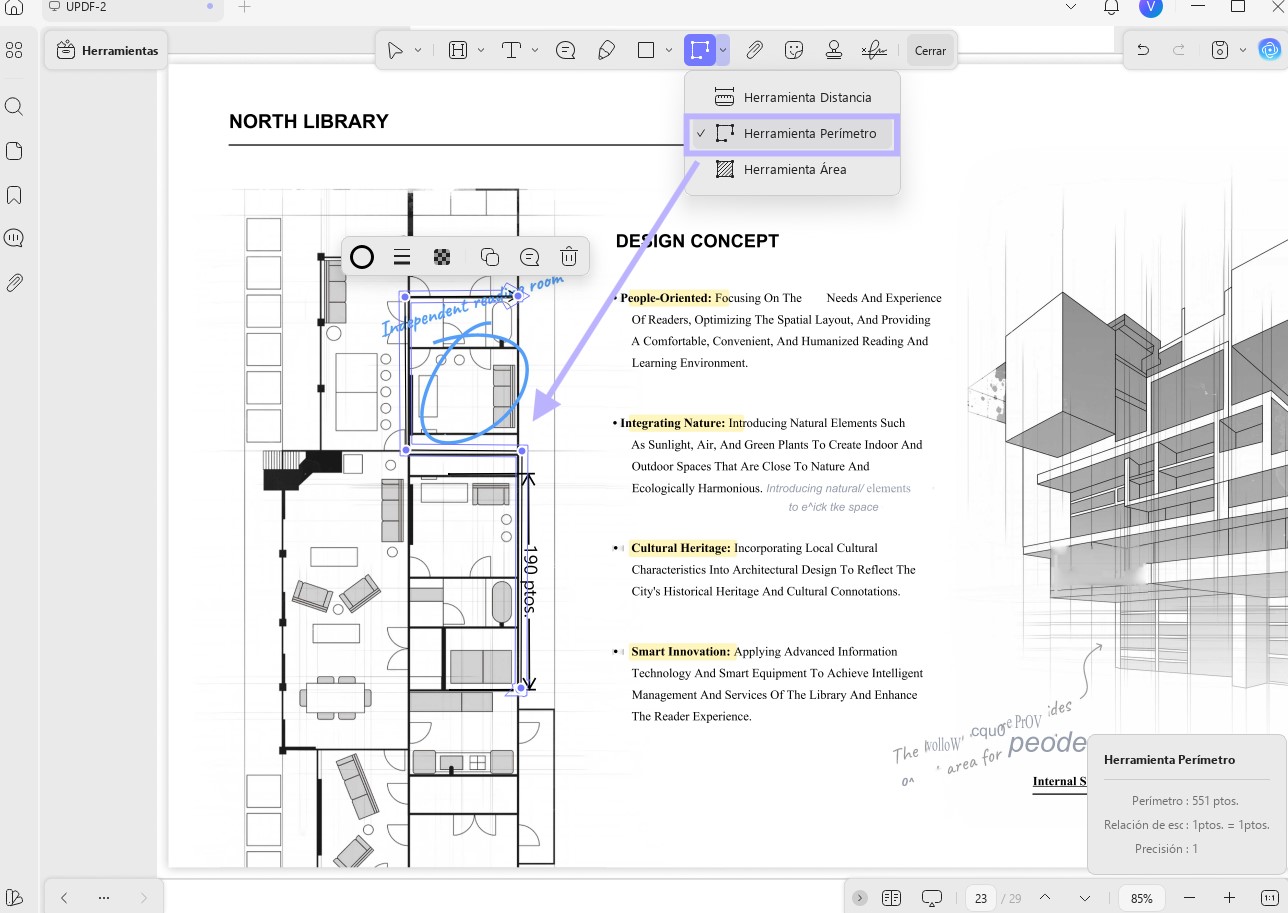 Herramienta de medición de Adobe Acrobat para medir el perímetro de un archivo PDF.