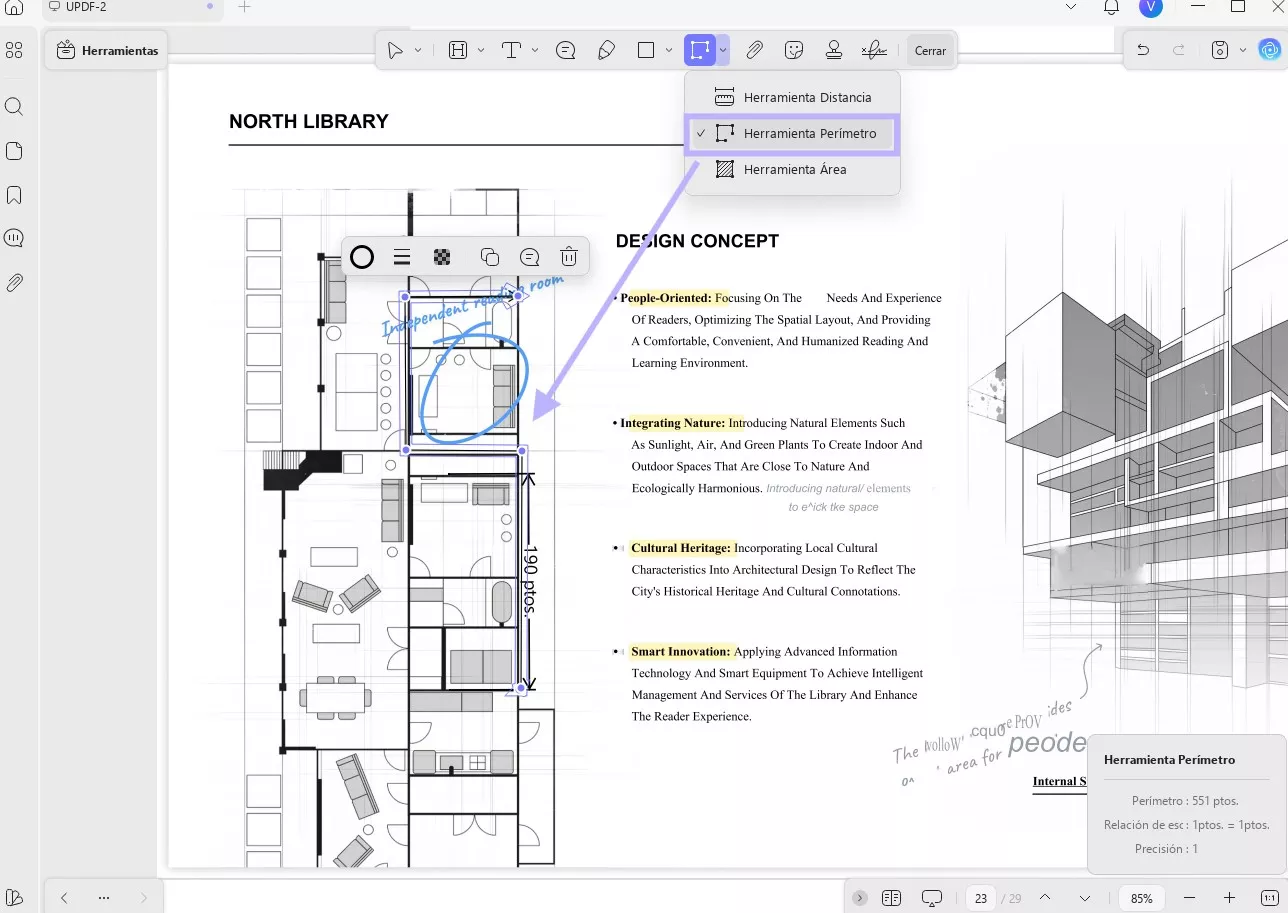 Herramienta de medición de Adobe Acrobat para medir el perímetro de un archivo PDF.