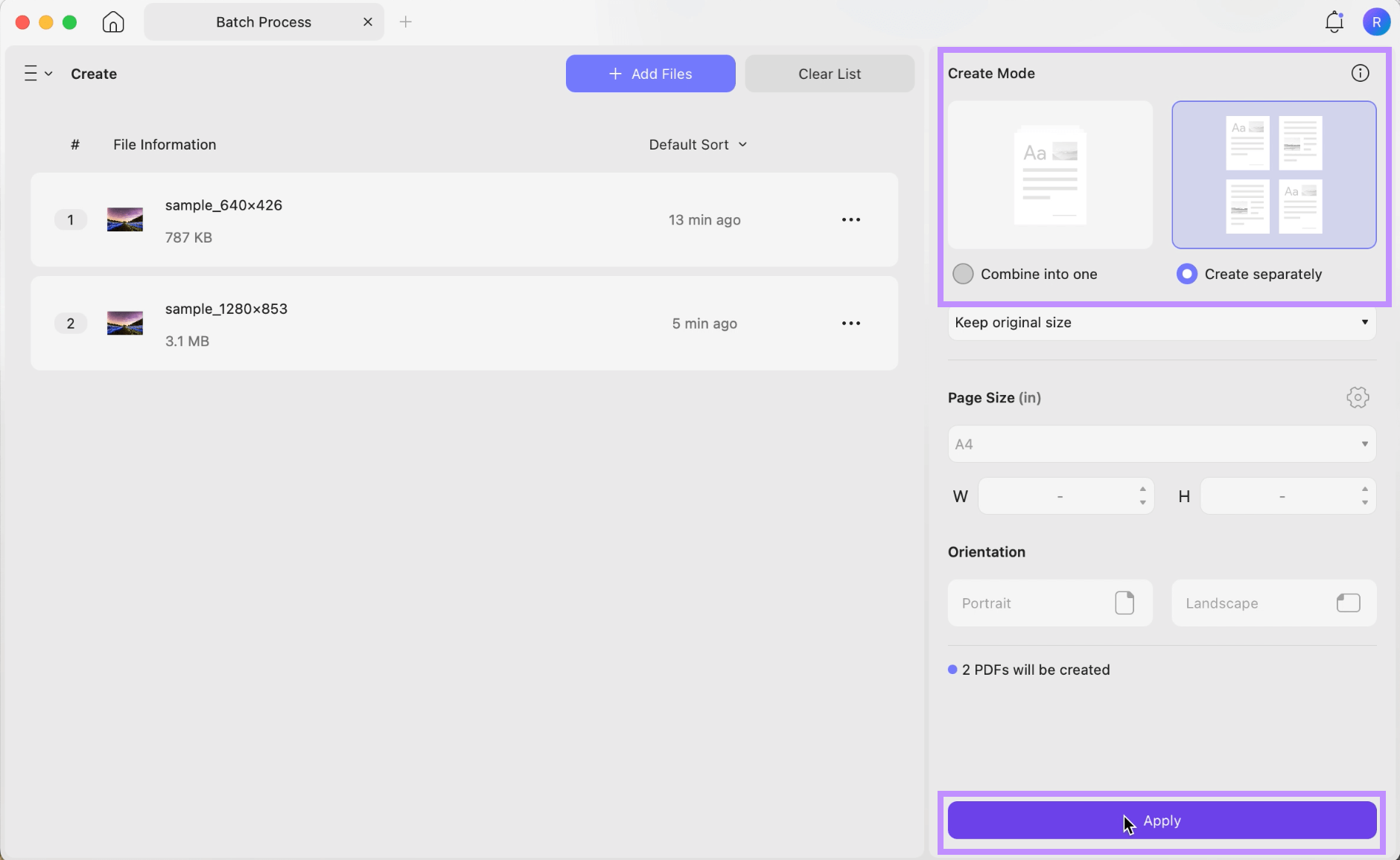  select a create mode and click apply in updf mac