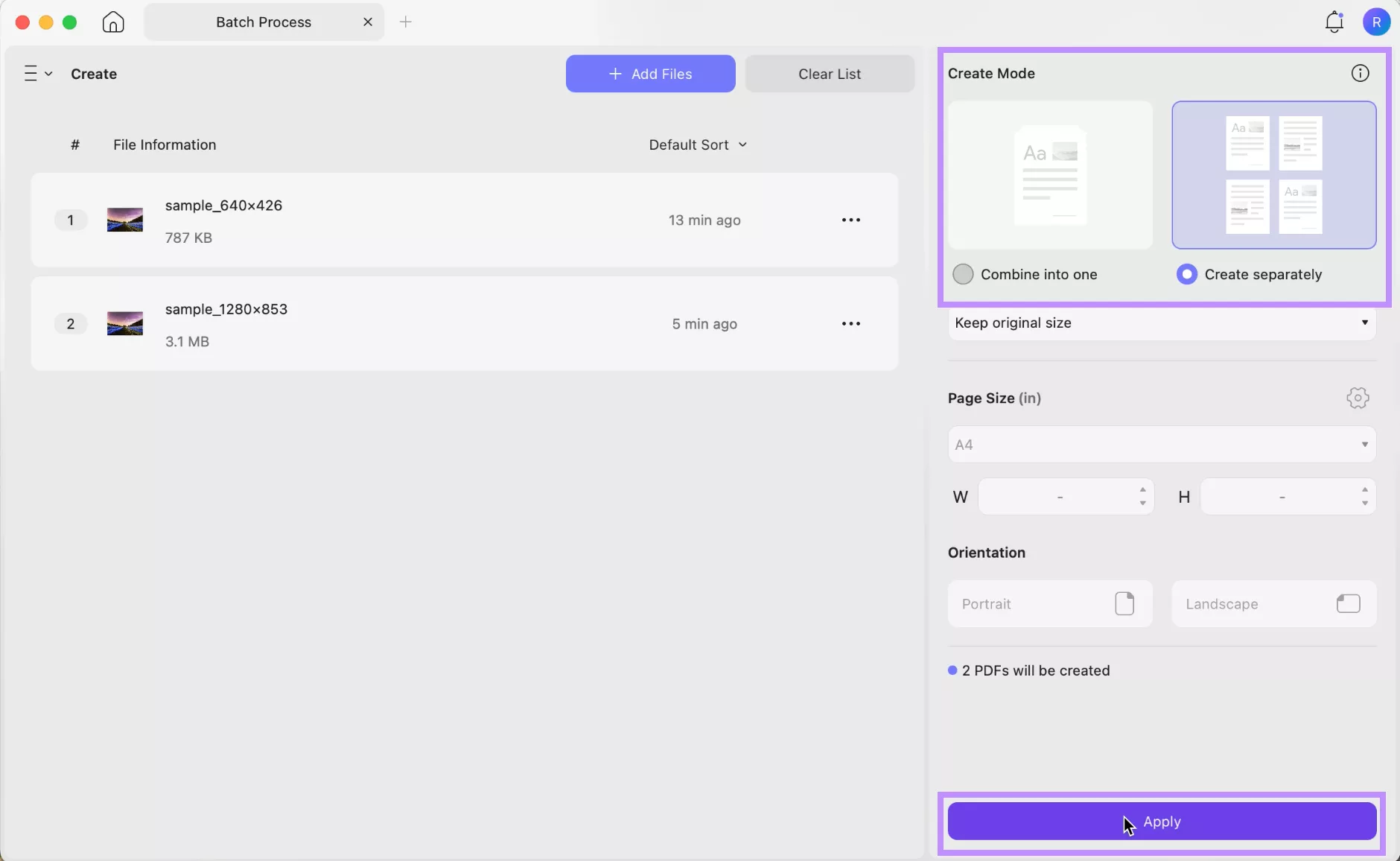 select a create mode and click apply in updf mac