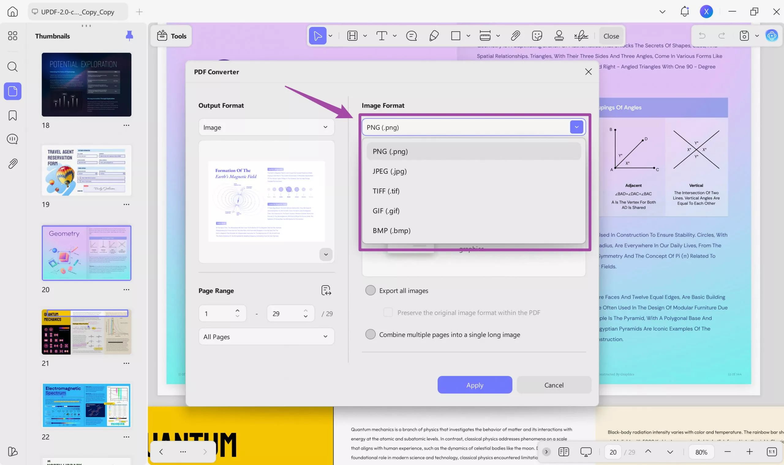 select an image format to convert pdf in updf mac