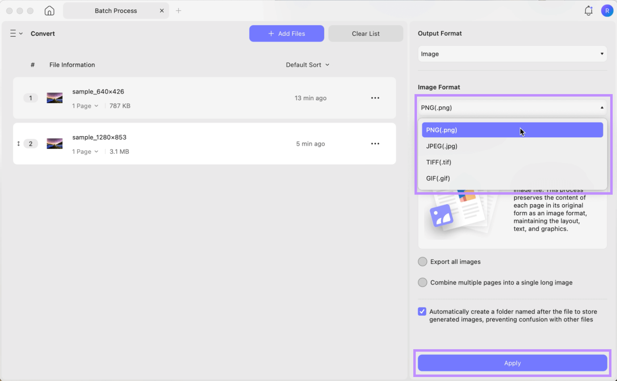 select an image type and click apply in updf mac