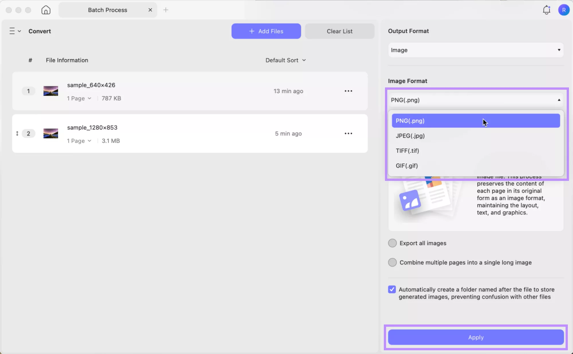 select an image type and click apply in updf mac