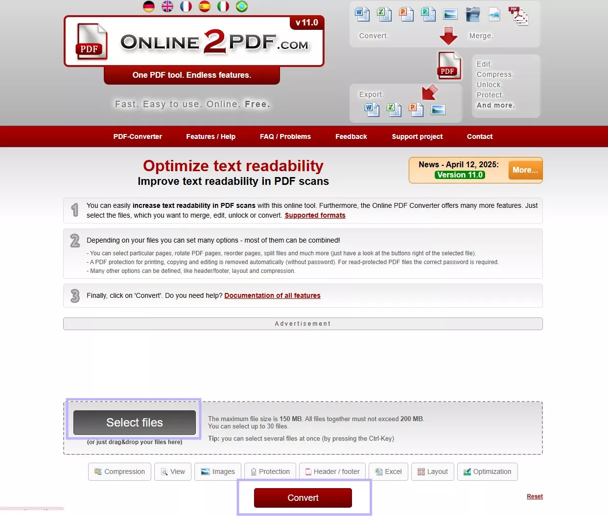Seleccionar archivos en Online2PDF