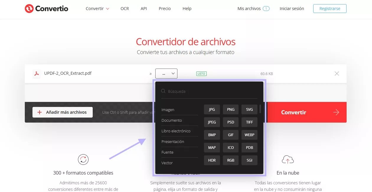 Seleccionar el formato deseado desde el menú de Convertio
