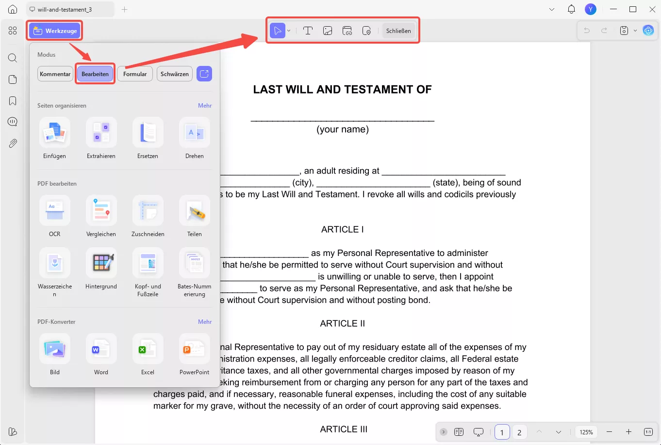 Bearbeiten Sie die PDF-Vorlage für das Testament mit UPDF