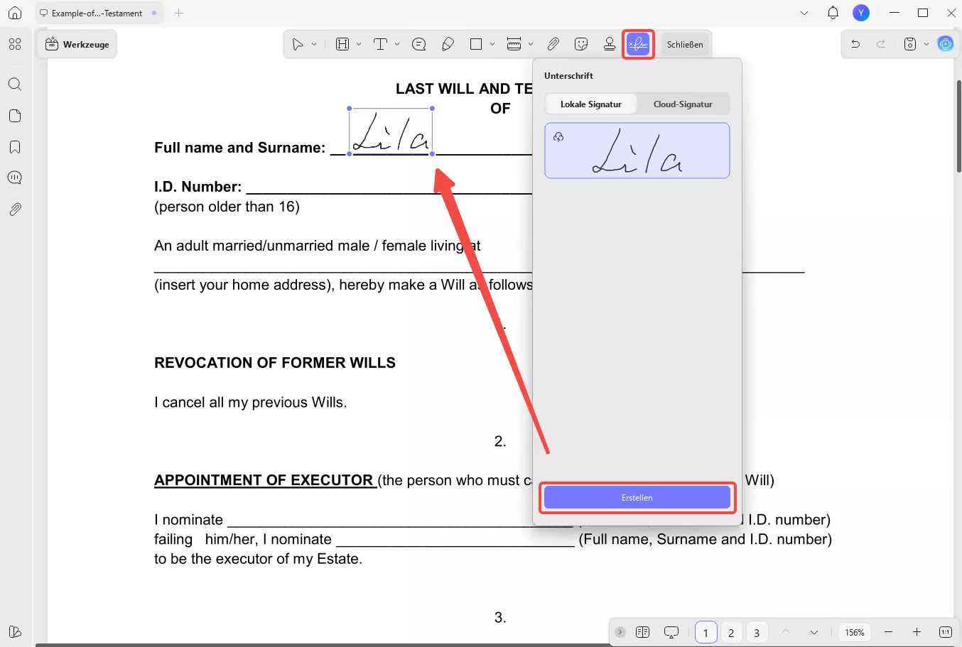 Unterschreiben Sie das Testament in PDF mit UPDF