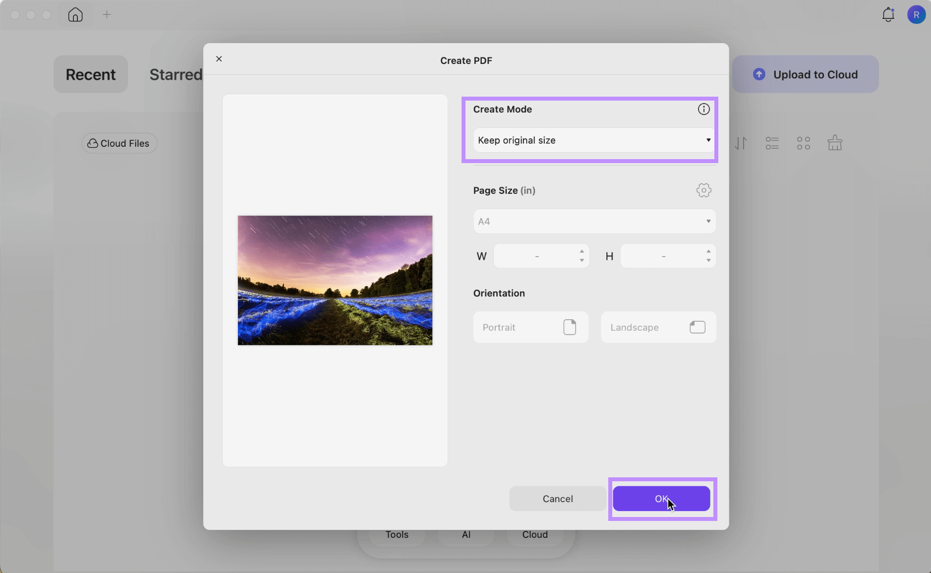 upload files and select a page size option UPDF MAC