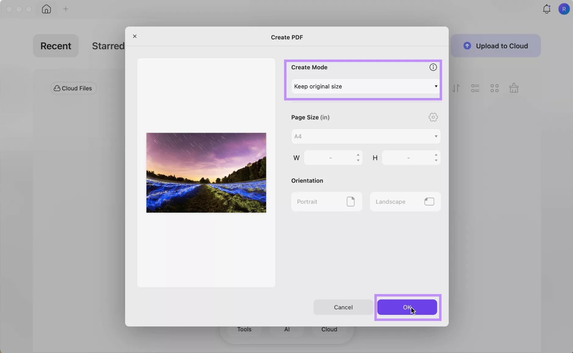 upload files and select a page size option UPDF MAC
