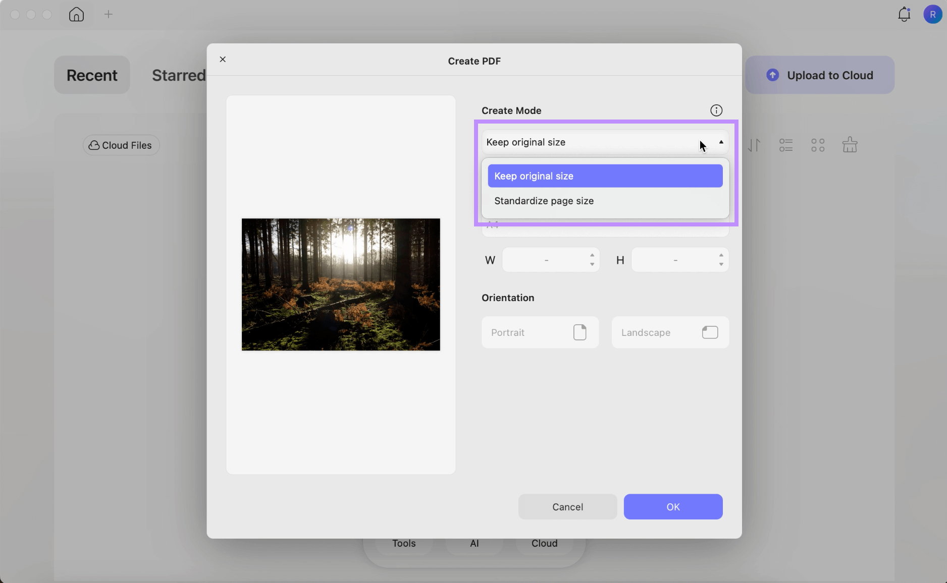 upload files and select a page size option updf mac