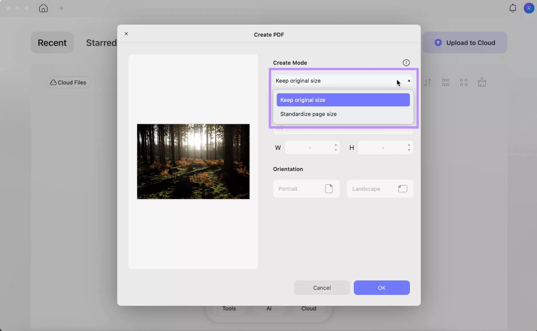 upload files and select a page size option updf mac