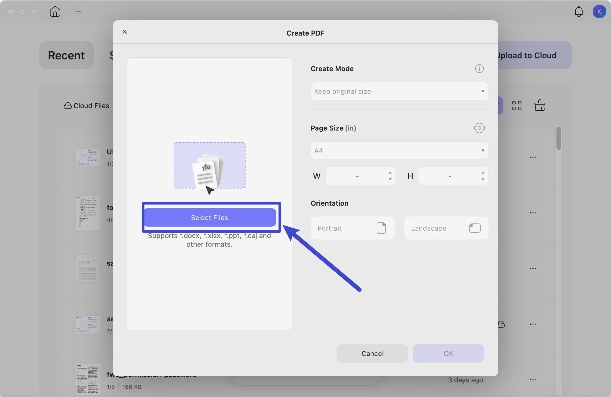  upload files and select a page size option