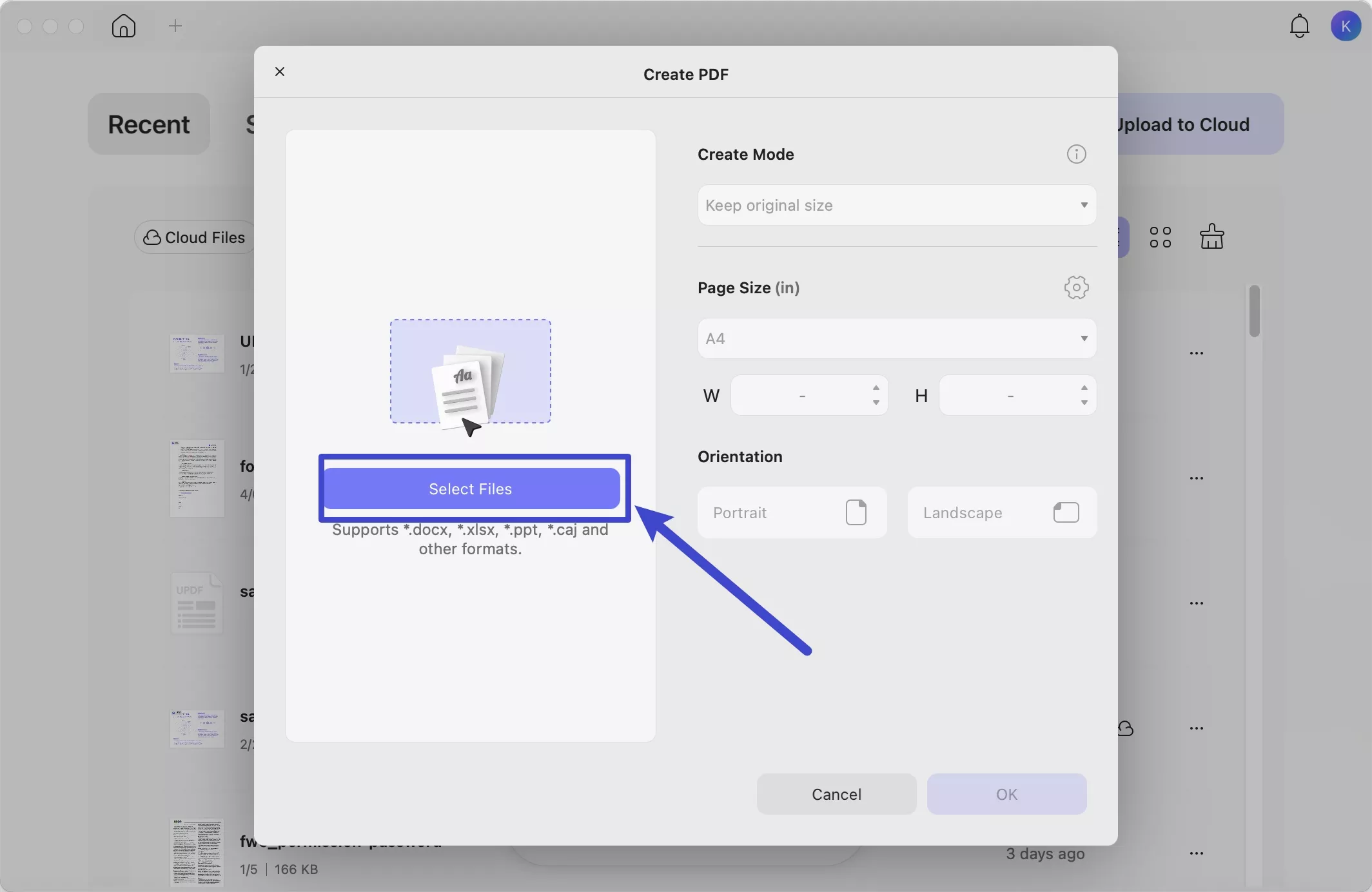  upload files and select a page size option