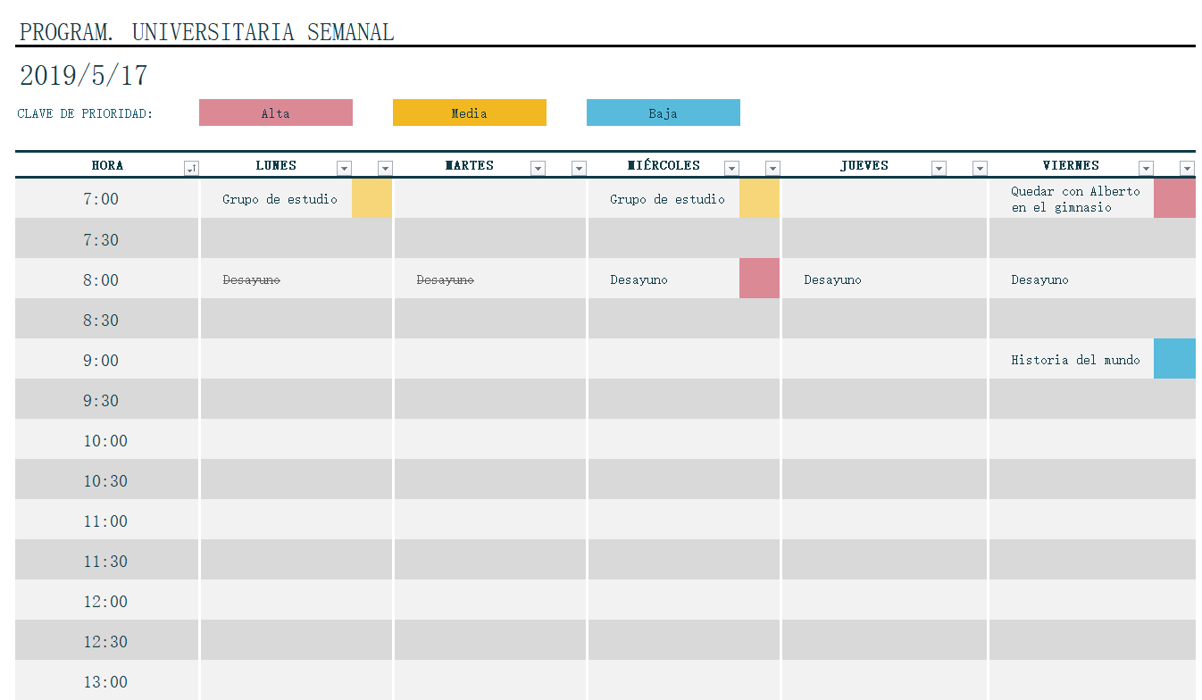 Plantilla de horario semanal universitario